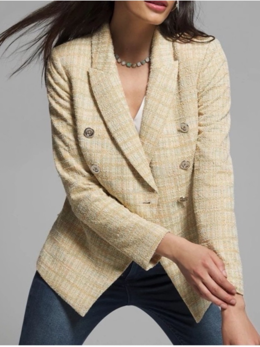 White House Black Market Cream and Yellow Tweed Double Breasted Blazer Size 2
